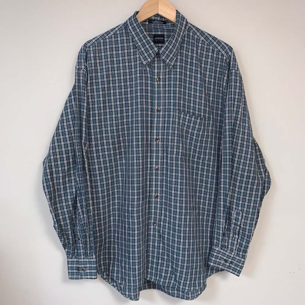 Arrow Mens Wrinkle-Free Plaid Dress Shirt XL 17 - 17.5 Blue & Green Polyester/Co